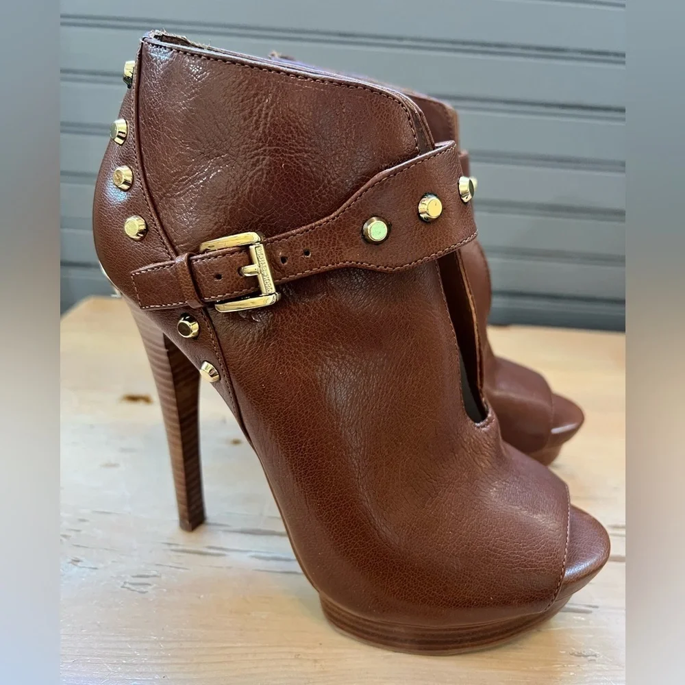 Michael Kors Women Ailee Brown Ankle Boots Size 7 M Open Toe Peep Gold Studded